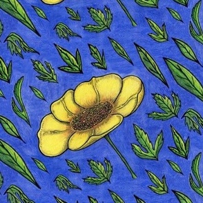 buttercup flower, medium large scale, blue yellow orange green black indigo medium dark royal blue spring summer