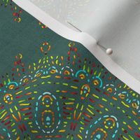 Mock Embroidered Folk Art Wheel Rainbow on Sage Green Linen Look
