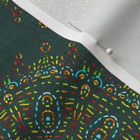 Mock Embroidered Folk Art Wheel Rainbow on Grayed Forest Green Linen Look