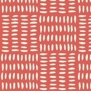 Modern abstract geometric painted pattern of dashes in squares on background paint color of the year Raspberry Blush, ivory white dotted stripes, salmon pink