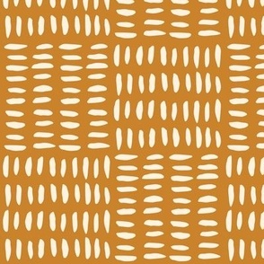 Modern abstract geometric painted pattern of dashes in squares on mustard / saffron / honey yellow orange with ivory / eggshell white