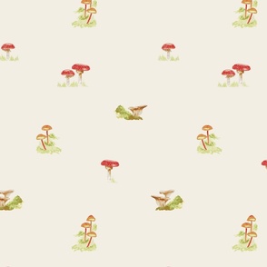 Mushrooms minimal print in neutrals - woodland forest fungi in nature - several varieties in red, brown, orange, green, and white on COTY Blank Canvas DC-003 paint.