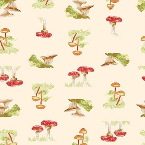 Mushrooms print - woodland forest foraged fungi in nature - several varieties in neutrals, red, brown, orange, green, and white. Whimsical rustic cabincore.