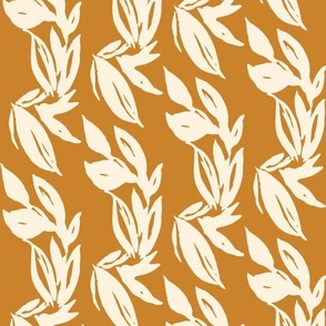 Ivory watercolor painted leaves and trailing vines nature print on yellow / orange / honey / goldenrod. Vintage modern abstract. Masculine.