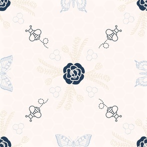 Navy Blue + White Floral, Butterfly + Honeybee Bedding
