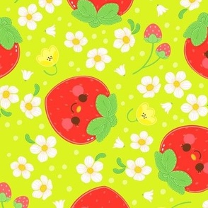 Red Strawberry Pattern - Lime Green Background - Medium Scale