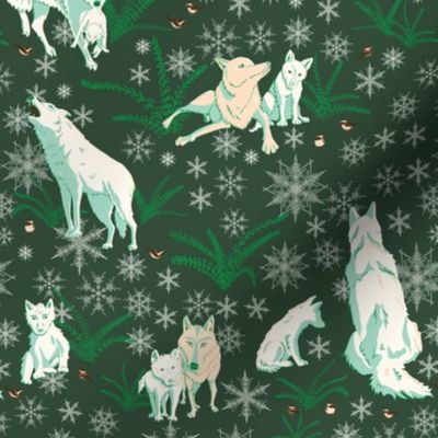 Winter Wolves with Ferns and Snowflakes  - Mint and White on Dark Evergreen 