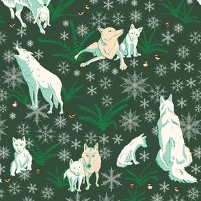 Winter Wolves with Ferns and Snowflakes  - Mint and White on Dark Evergreen 