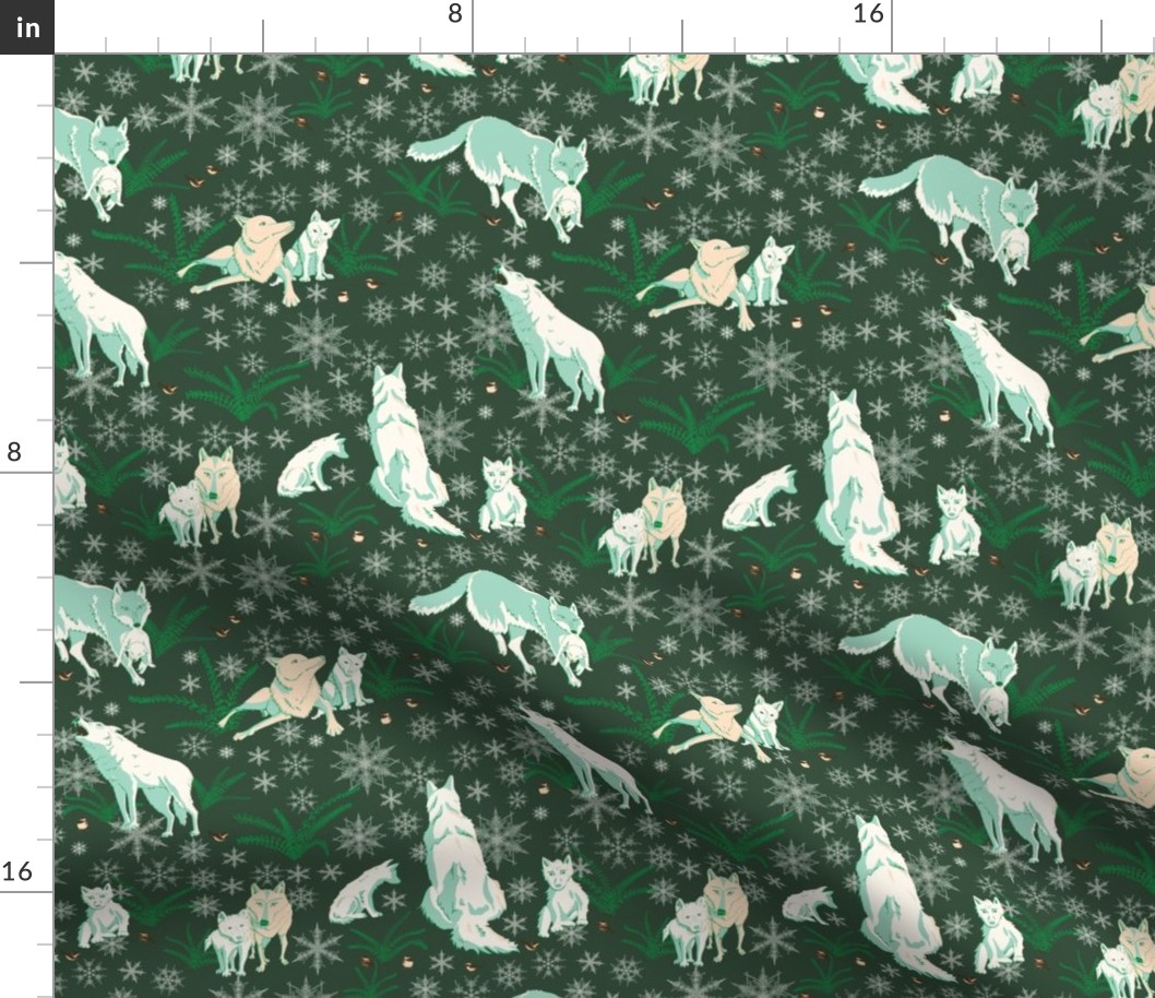 Winter Wolves with Ferns and Snowflakes  - Mint and White on Dark Evergreen 