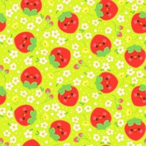 Red Strawberry Pattern - Lime Green Background - Smaller Scale