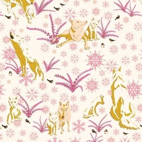 Winter Wolves with Ferns and Snowflakes  - Pink and Gold on White