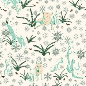 Winter Wolves with Ferns and Snowflakes  - Mint, Green and White