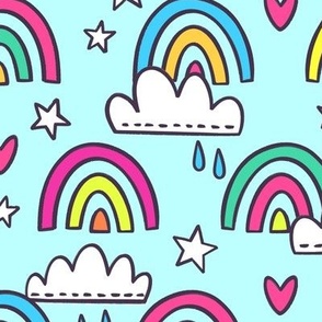 Marker Doodle Rainbows and Clouds Pattern - Medium Scale