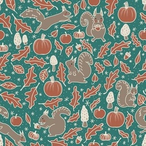 Autumnal Squirrels and Morel Mushrooms on Teal