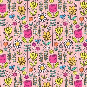 Marker Doodle Flower Garden - Pink Background - Smaller Scale