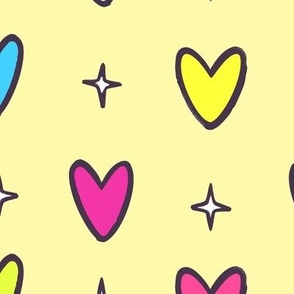 Marker Doodle Rainbow Hearts Pattern on Yellow Background - Medium Scale