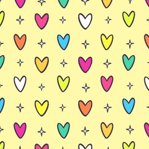 Marker Doodle Rainbow Hearts Pattern on Yellow Background - Smaller Scale