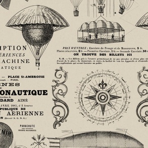 Aeronautique Vintage Expedition Steampunk Pattern With Hot Air Balloons, Typography And Ephemera Beige Large Scale