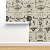 Aeronautique Vintage Expedition Steampunk Pattern With Hot Air Balloons, Typography And Ephemera Beige Medium Scale