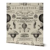 Aeronautique Vintage Expedition Steampunk Pattern With Hot Air Balloons, Typography And Ephemera Beige Medium Scale