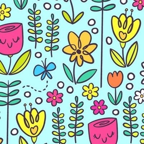 Marker Doodle Flower Garden - Blue Background - Medium Scale