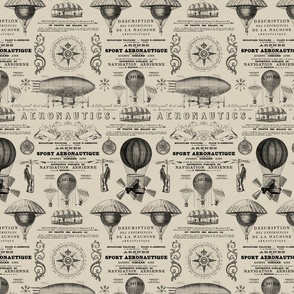 Aeronautique Vintage Expedition Steampunk Pattern With Hot Air Balloons, Typography And Ephemera Beige Smaller Scale