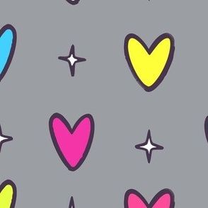 Marker Doodle Rainbow Hearts Pattern on Gray Background - Medium Scale