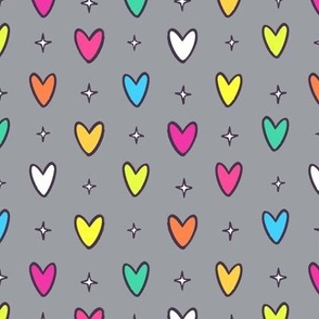 Marker Doodle Rainbow Hearts Pattern on Gray Background - Smaller Scale