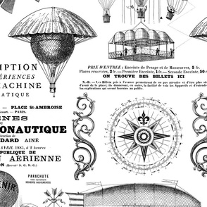 Aeronautique Vintage Expedition Steampunk Pattern With Hot Air Balloons, Typography And Ephemera Black On White Large Scale