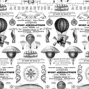 Aeronautique Vintage Expedition Steampunk Pattern With Hot Air Balloons, Typography And Ephemera Black On White Medium Scale