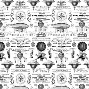 Aeronautique Vintage Expedition Steampunk Pattern With Hot Air Balloons, Typography And Ephemera Black On White Smaller Scale