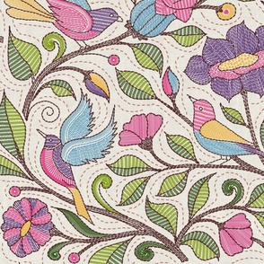 Flora and fauna of my backyard/light/kantha embroidery/Medium scale