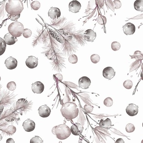 Silver Mauve Christmas  Magic | Elegant watercolor silver grey and mauve branches and berries. 