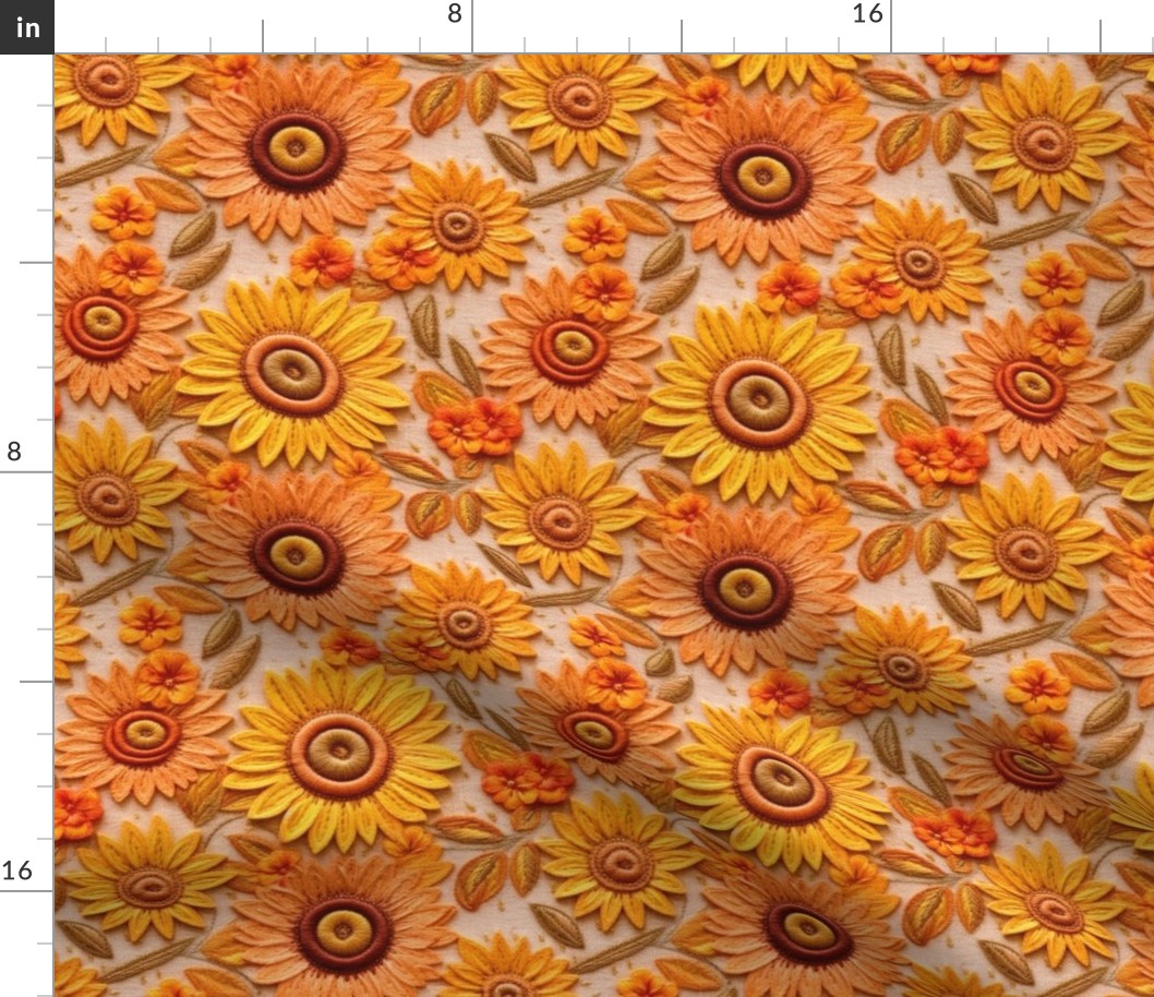 Felt Sunflower Embroidery Beige Background - Medium Scale