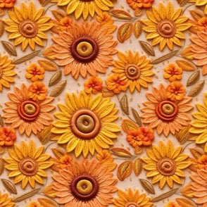 Felt Sunflower Embroidery Beige Background - Large Scale