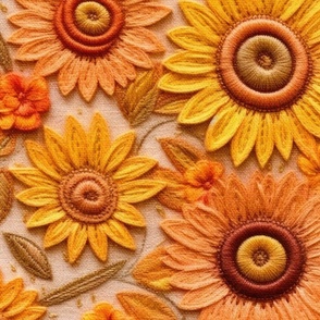 Felt Sunflower Embroidery Beige Background - XL Scale