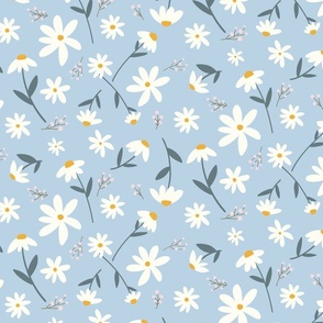 Daisies on light blue/multidirectional/non directional/small /floral 