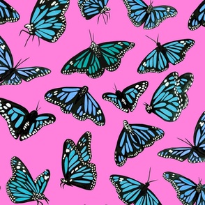hand painted monarch butterflies in blue on a pink background 