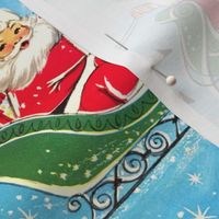 Merry Christmas Santa Claus snow winter blue sky stars deer reindeer sleigh gifts presents vintage retro kitsch xmas