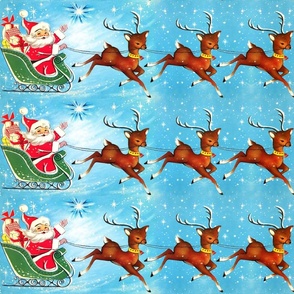 Merry Christmas Santa Claus snow winter blue sky stars deer reindeer sleigh gifts presents vintage retro kitsch xmas