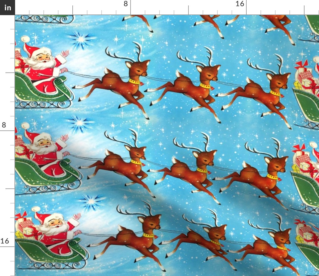 Merry Christmas Santa Claus snow winter blue sky stars deer reindeer sleigh gifts presents vintage retro kitsch xmas