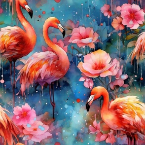 Pink Flamingo Flamingos in Watercolor with Pink Flowers and Blue Background