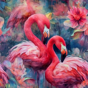 Pink Flamingo Flamingos in Watercolor with Pink Flowers