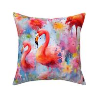 Pink Flamingo Flamingos in Watercolor with Rainbow Flowers