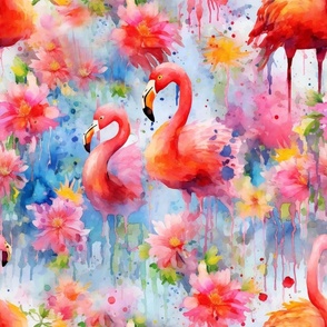 Pink Flamingo Flamingos in Watercolor with Rainbow Flowers
