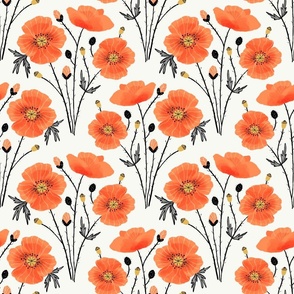 Modern Red Poppies and Inky Black Details on a light background 