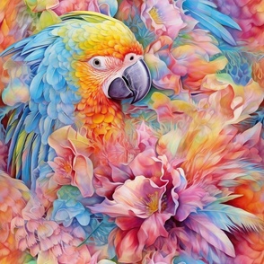 Watercolor Parrot Parrots and Flowers in Vibrant Pink Tropical Colors