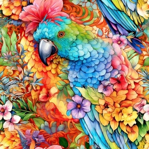 Watercolor Parrot Parrots and Flowers in Vibrant Rainbow Tropical Colors