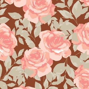 Le Jardin de la Sérénité | Peachy warm pink roses and sage green leaves on a warm toasted brown background