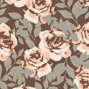 Victorian Parisian Garden | Soft apricot roses with ash grey leaves on a brown background